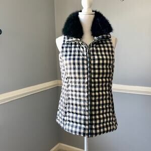 Talbots Black White Gingham Puffer Vest  Faux Fur Collar Pockets Preppy Quilted